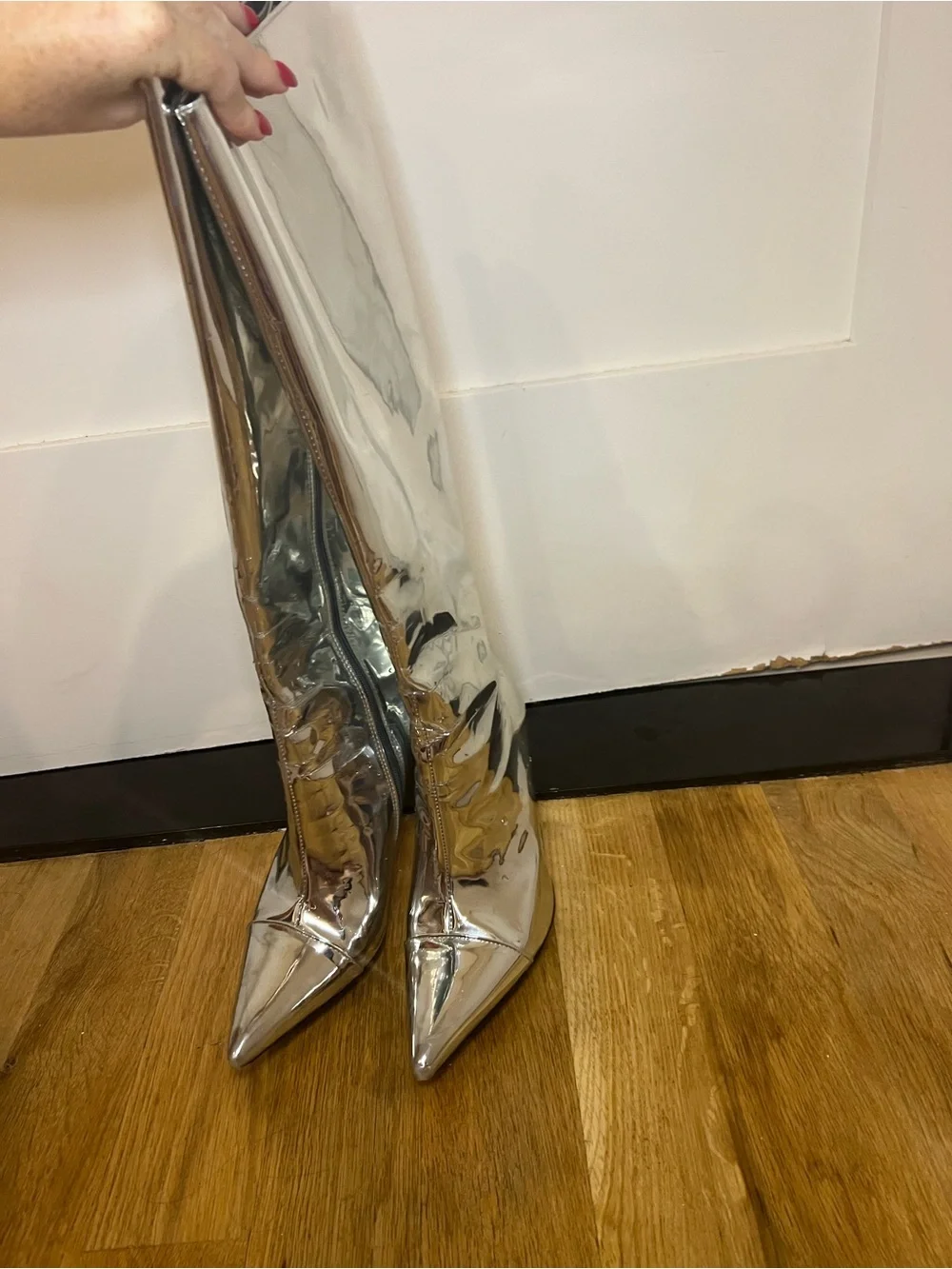 Metallic Silver Pointed-Toe Knee-High Stiletto Boots - Women